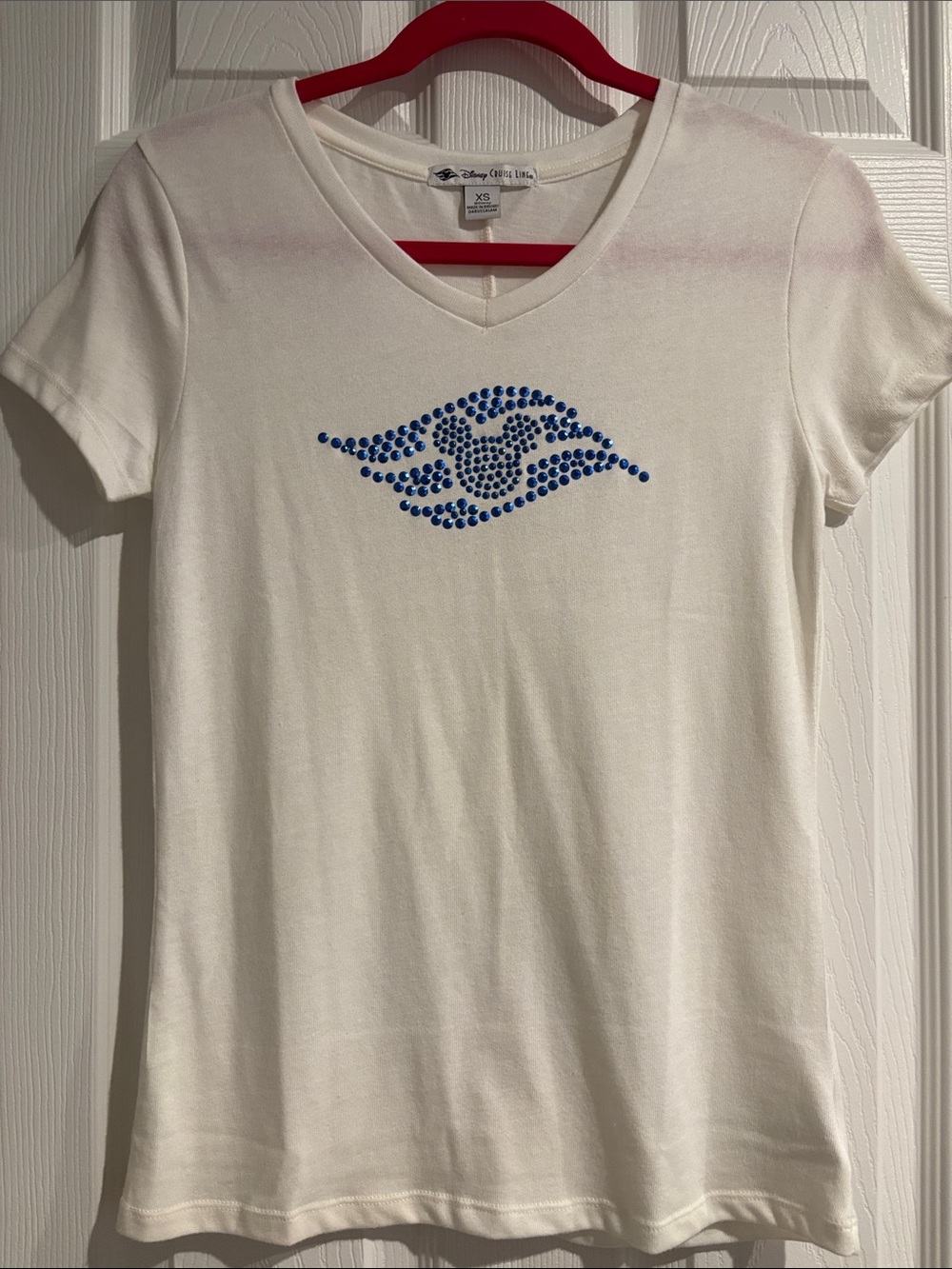 Disney Cruise Line Women's White V-Neck Tee with Blue Crystal Emblem